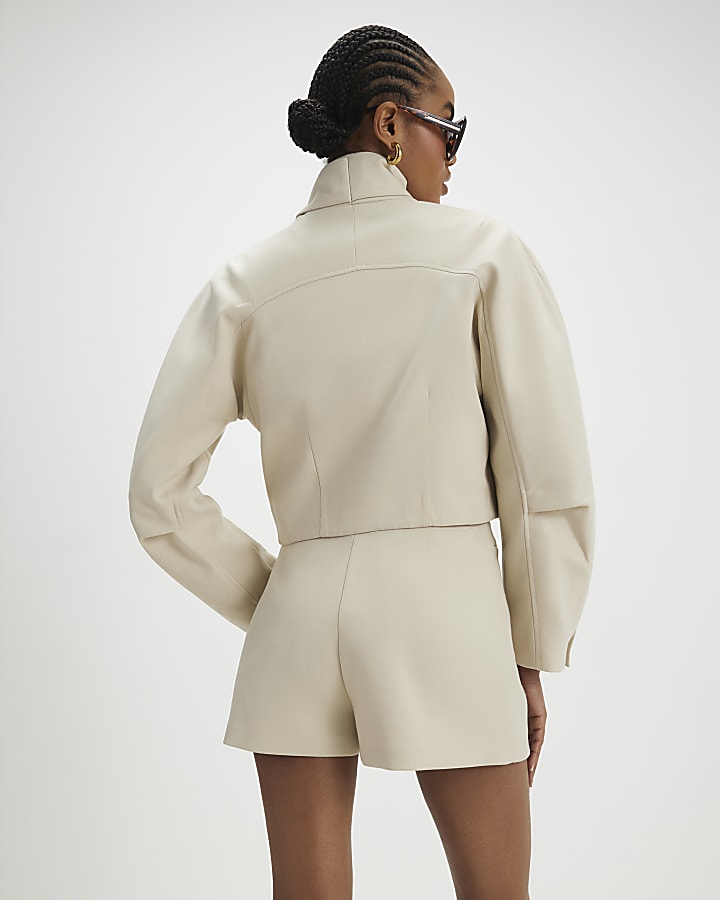 Cream Herringbone Button Detail Wrap Skort