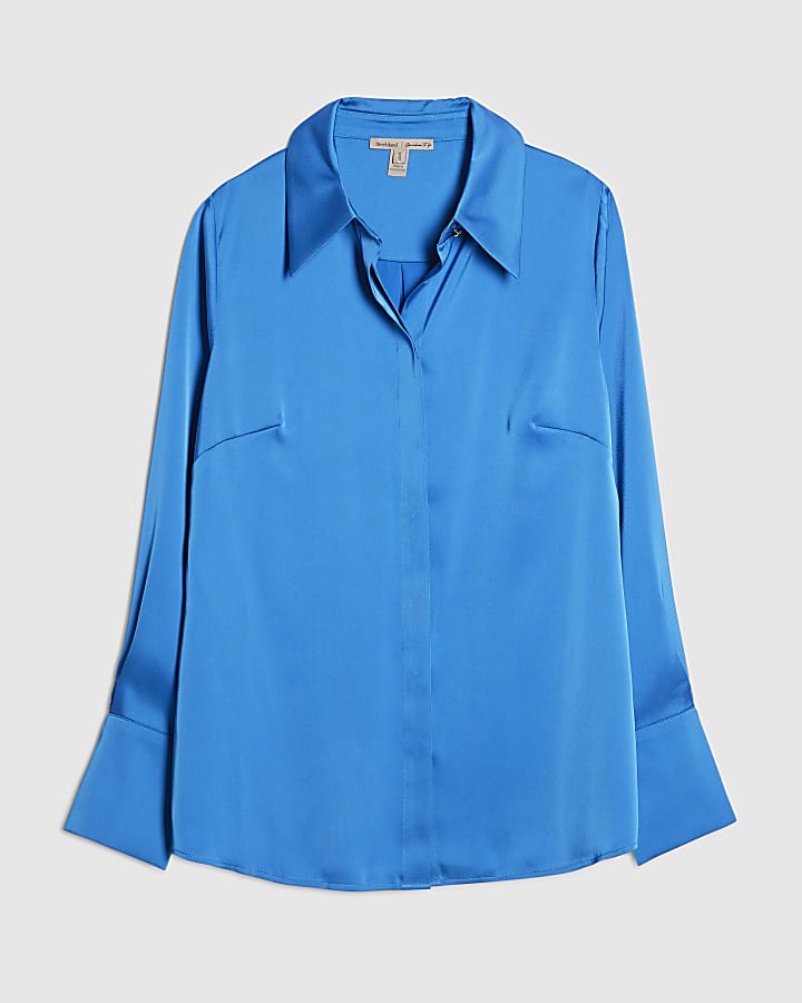 Blue Satin Long Sleeve Slim Fit Shirt