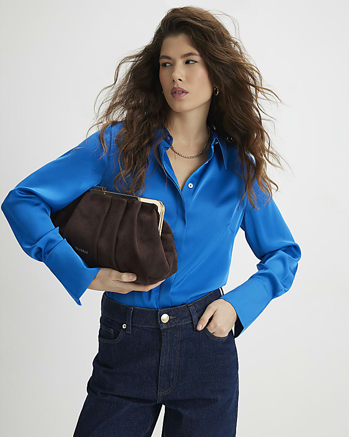 Blue Satin Long Sleeve Slim Fit Shirt