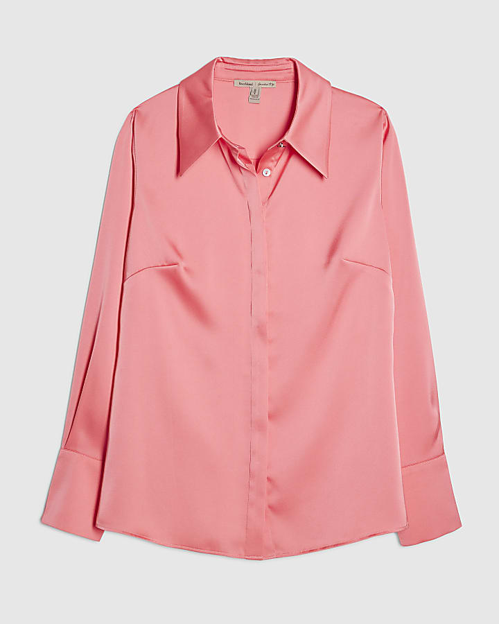 Pink Satin Long Sleeve Slim Fit Shirt