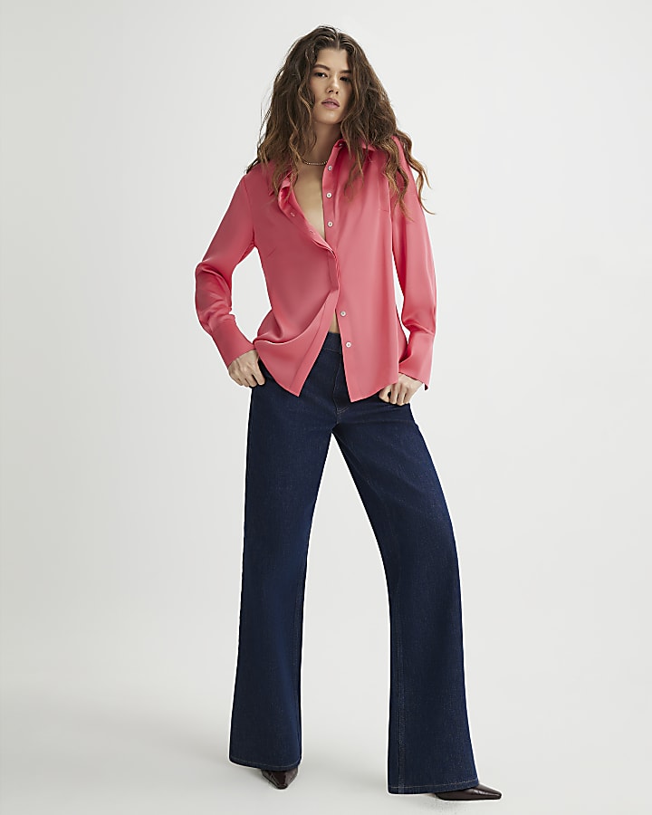 Pink Satin Long Sleeve Slim Fit Shirt