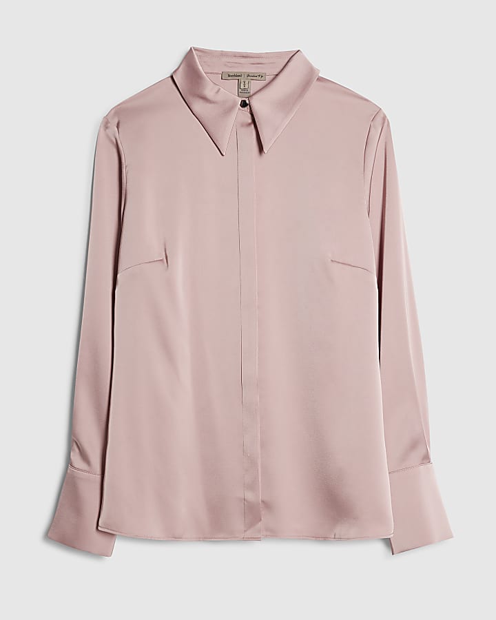 Pink Satin Long Sleeve Slim Fit Shirt