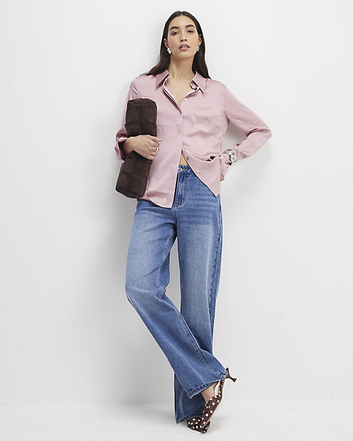 Pink Satin Long Sleeve Slim Fit Shirt