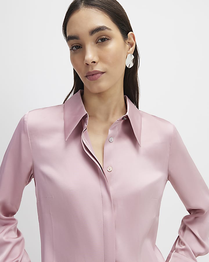 Pink Satin Long Sleeve Slim Fit Shirt