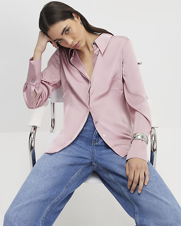 Pink Satin Long Sleeve Slim Fit Shirt