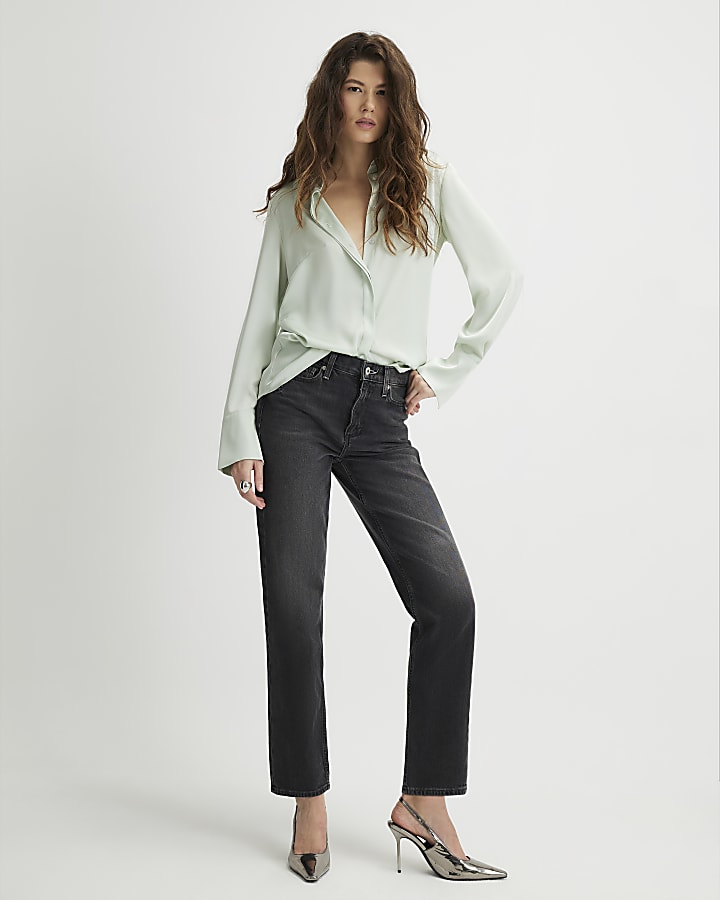 Green Satin Long Sleeve Shirt