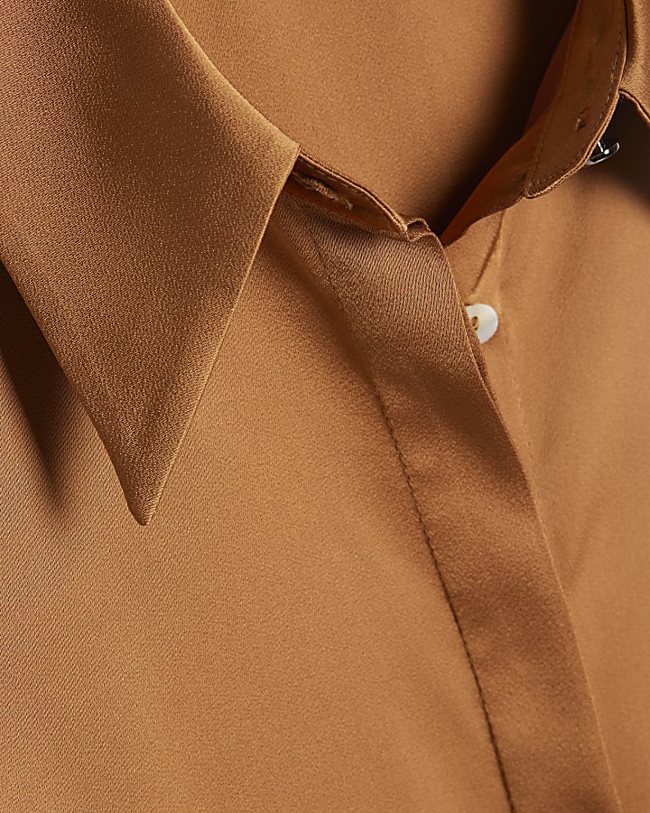 Brown Satin Long Sleeve Slim Fit Shirt