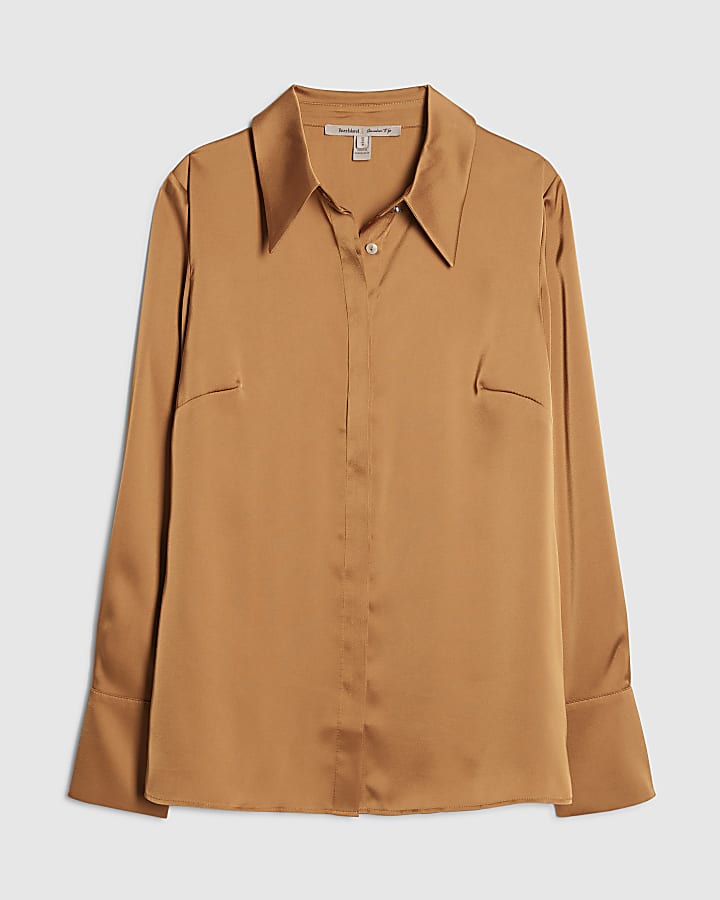 Brown Satin Long Sleeve Slim Fit Shirt