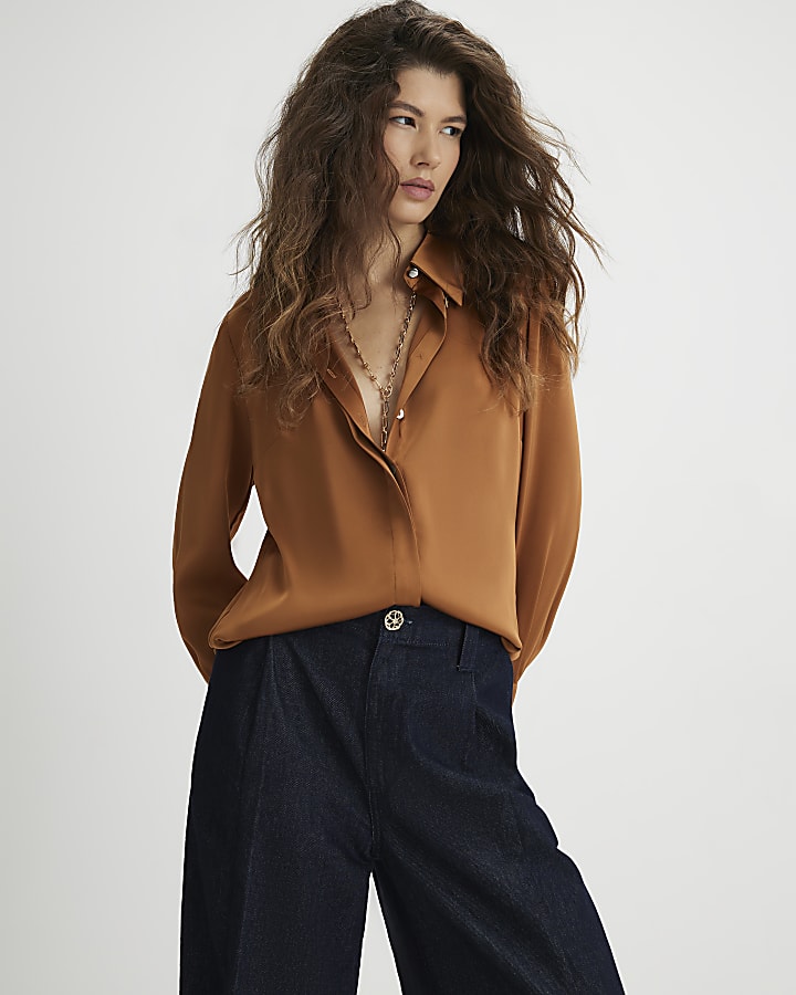 Brown Satin Long Sleeve Slim Fit Shirt