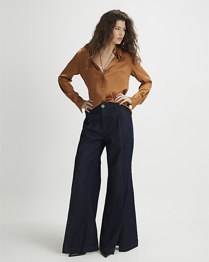 Brown Satin Long Sleeve Slim Fit Shirt