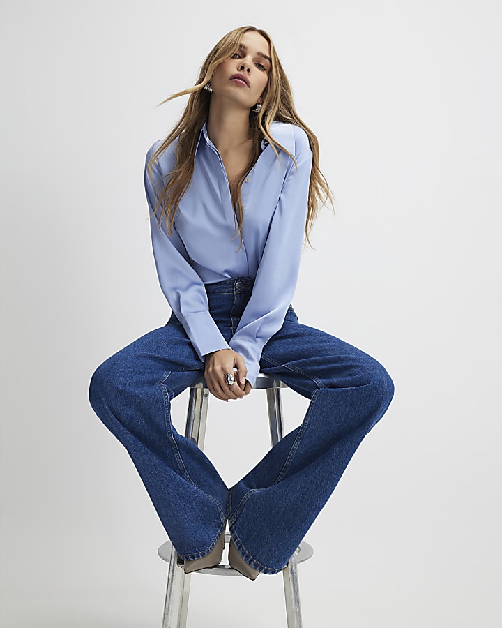 Blue Satin Long Sleeve Slim Fit Shirt