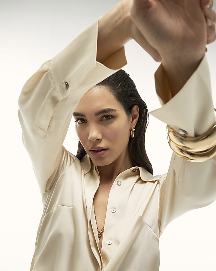 Cream Satin Long Sleeve Shirt