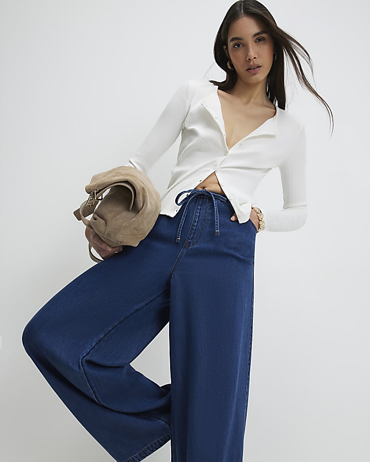 Blue High Waisted Drawstring Wide Leg Jeans