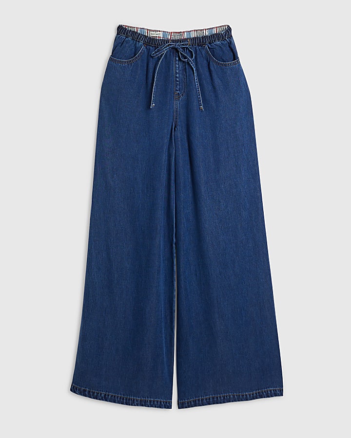 Blue High Waisted Drawstring Wide Leg Jeans
