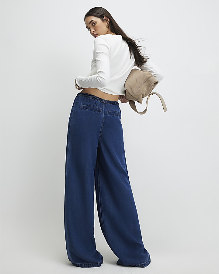 Blue High Waisted Drawstring Wide Leg Jeans