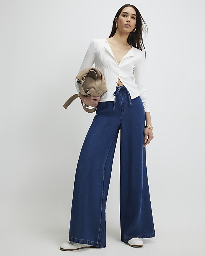 Blue High Waisted Drawstring Wide Leg Jeans