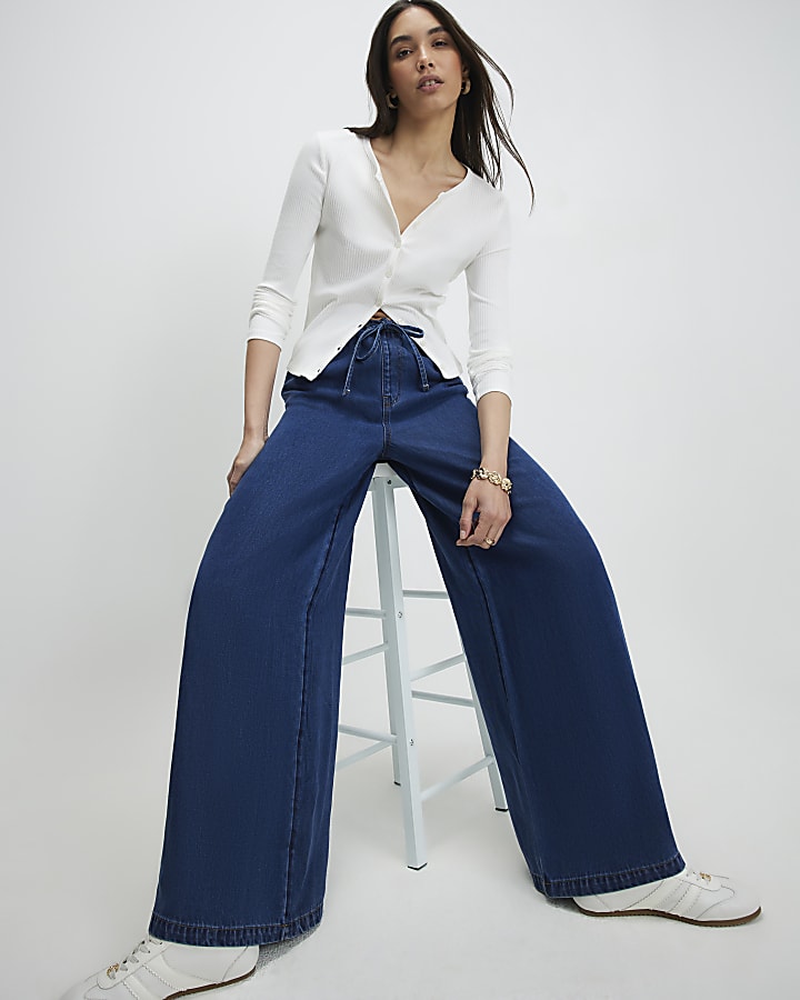 Blue High Waisted Drawstring Wide Leg Jeans