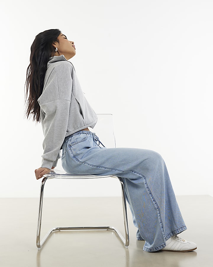 Blue Denim Tie Waist Wide Leg Jeans