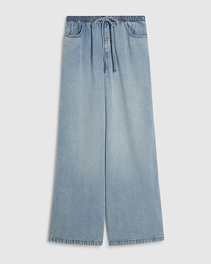 Blue Wide Leg Pyjama Style Drawstring Jeans