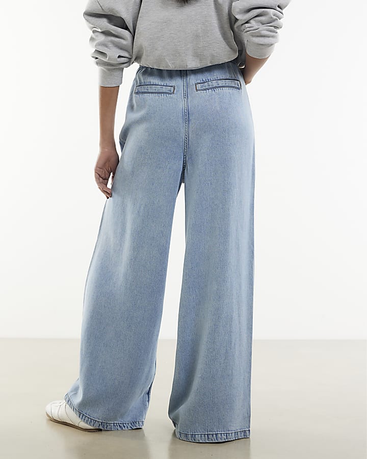 Blue Denim Tie Waist Wide Leg Jeans