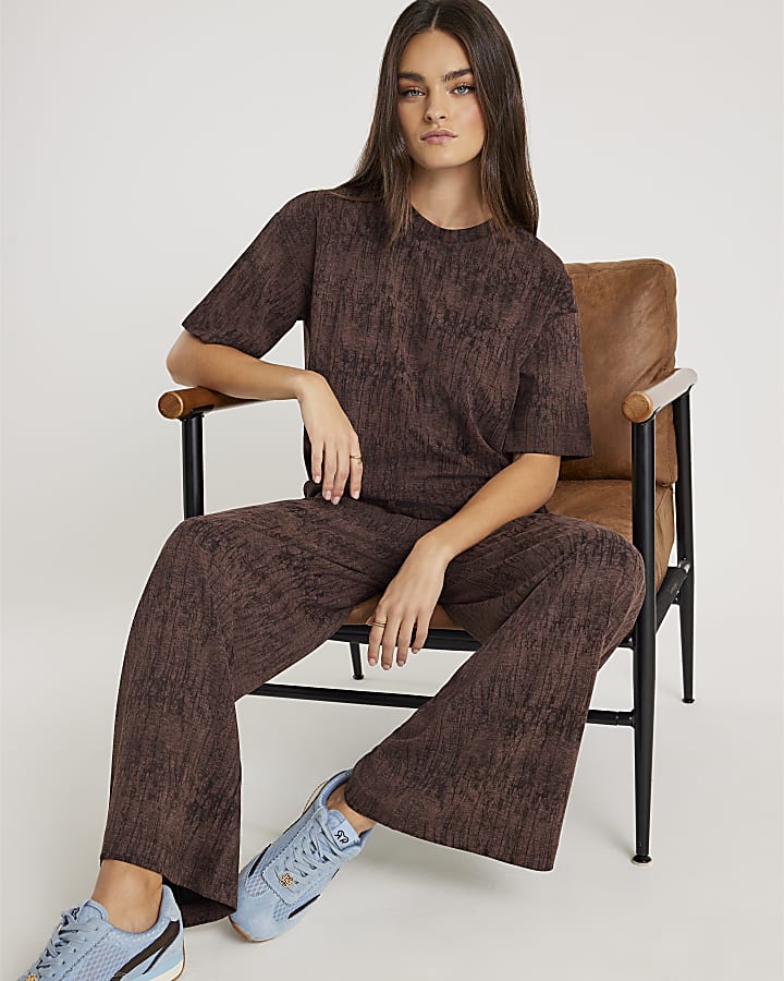 Brown Premium Crinkle Effect Wide Leg Joggers