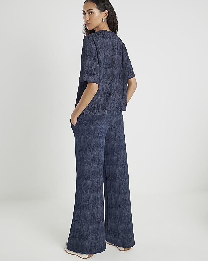 Navy Premium Crinkle Effect Wide Leg Joggers