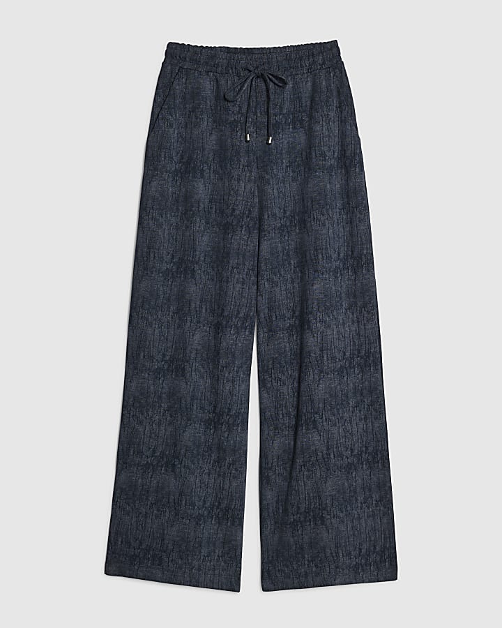 Navy Premium Crinkle Effect Wide Leg Joggers