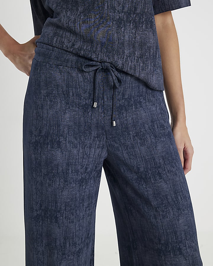 Navy Premium Crinkle Effect Wide Leg Joggers