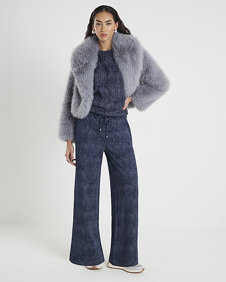 Navy Premium Crinkle Effect Wide Leg Joggers