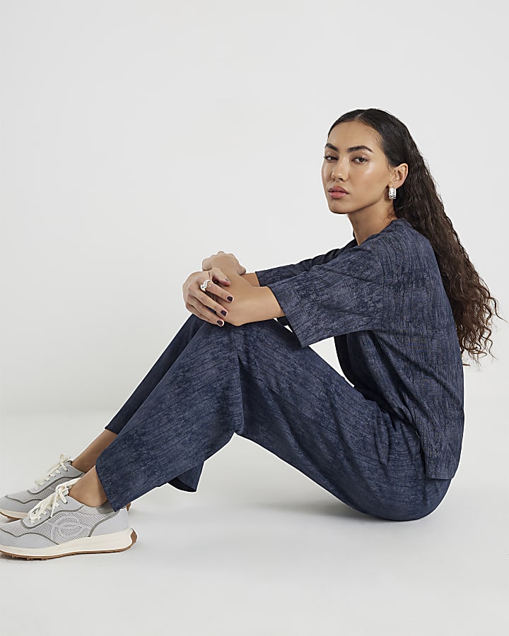 Navy Premium Crinkle Effect Wide Leg Joggers