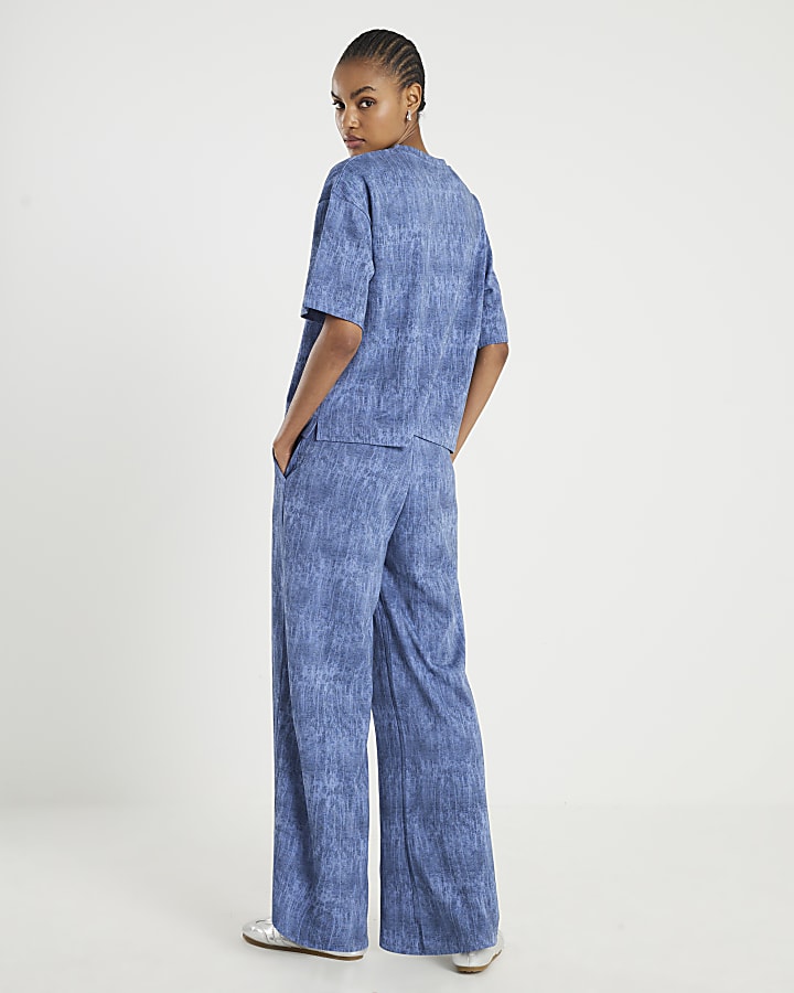 Blue Premium Crinkle Effect Wide Leg Joggers