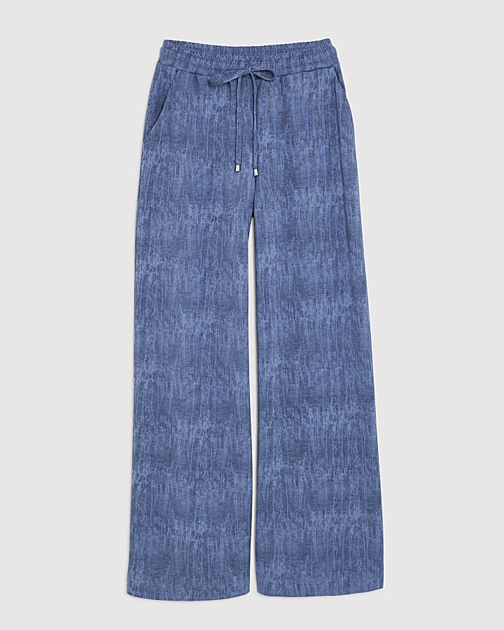 Blue Premium Crinkle Effect Wide Leg Joggers