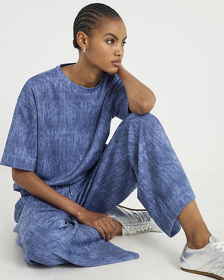 Blue Premium Crinkle Effect Wide Leg Joggers