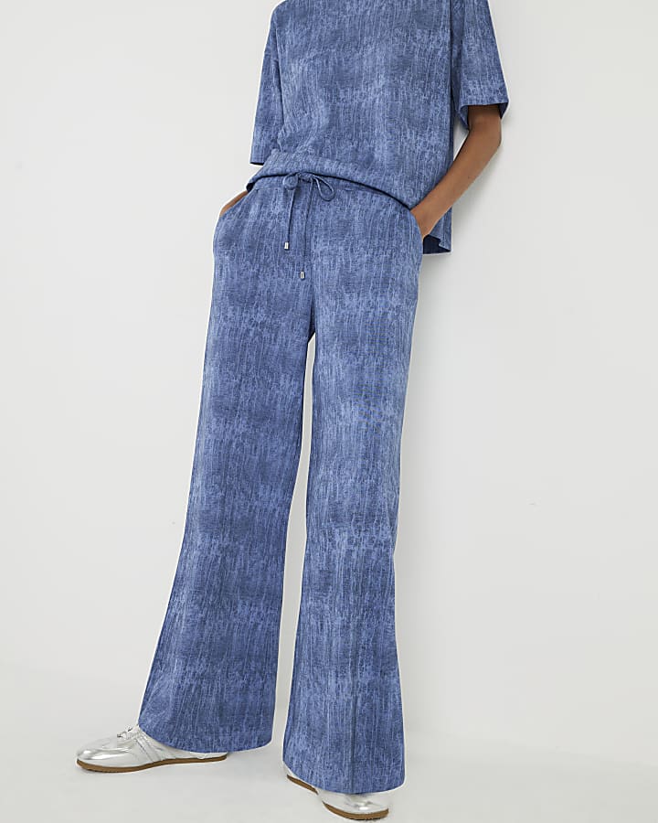 Blue Premium Crinkle Effect Wide Leg Joggers