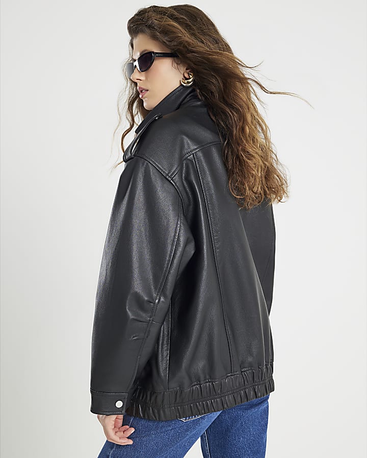 Black Oversize Leather Bomber Jacket