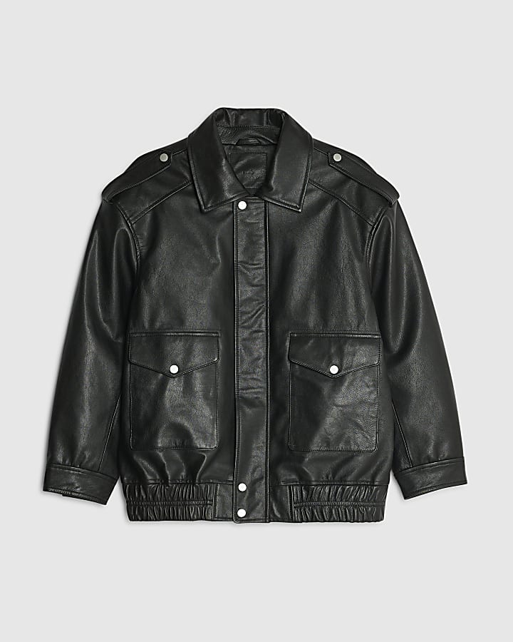 Black Oversize Leather Bomber Jacket