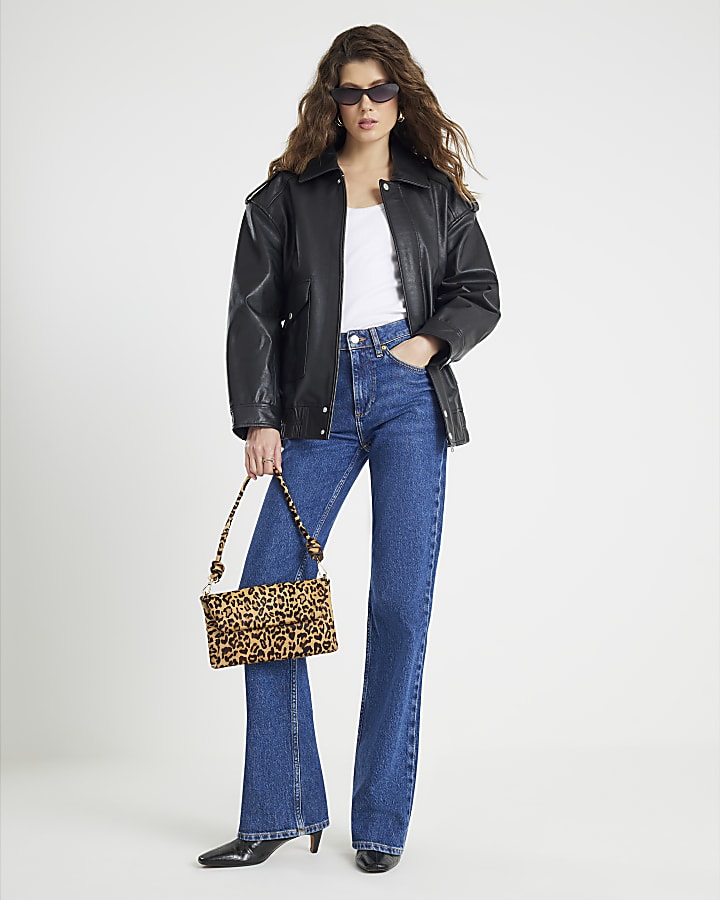 Black Oversize Leather Bomber Jacket