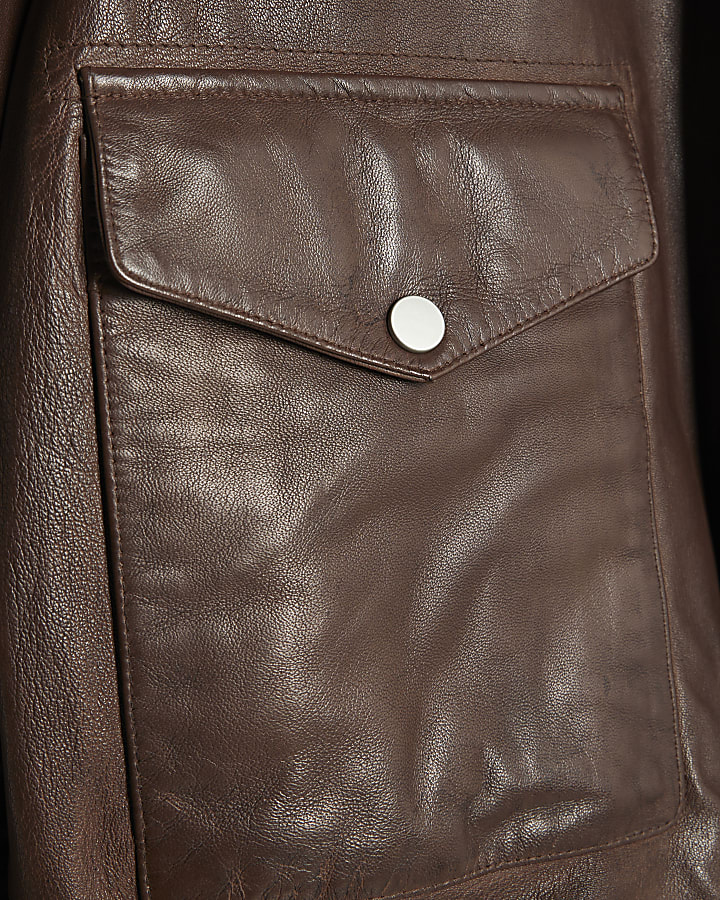 Brown Distressed Leather Bomber Jacket