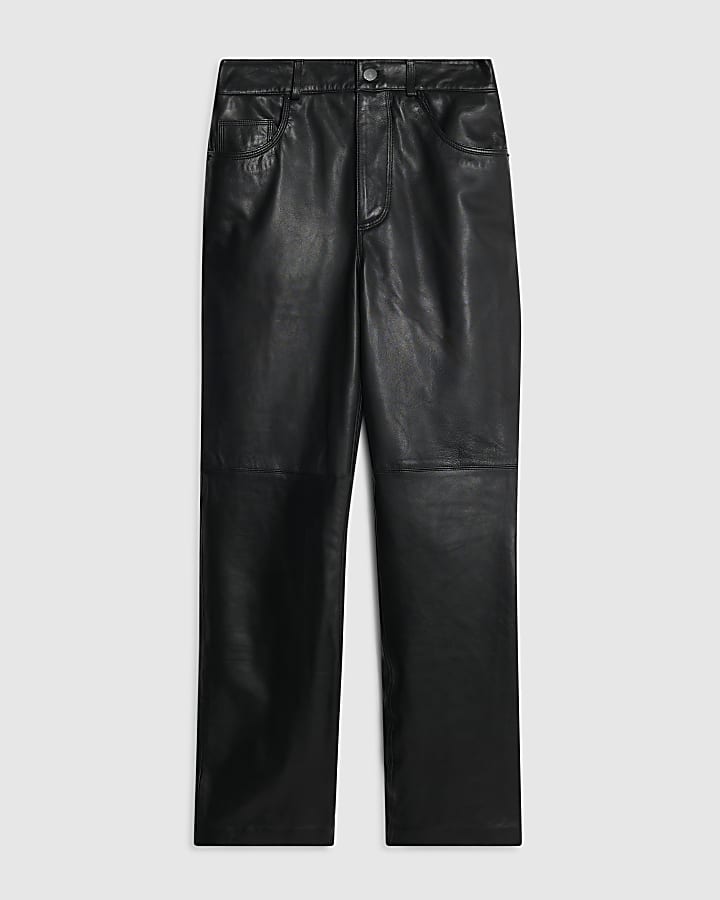 Black Leather Straight Leg Trousers