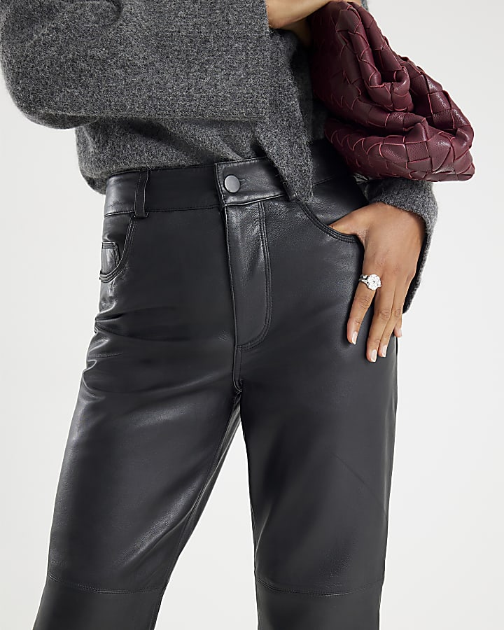 Black Leather Straight Leg Trousers