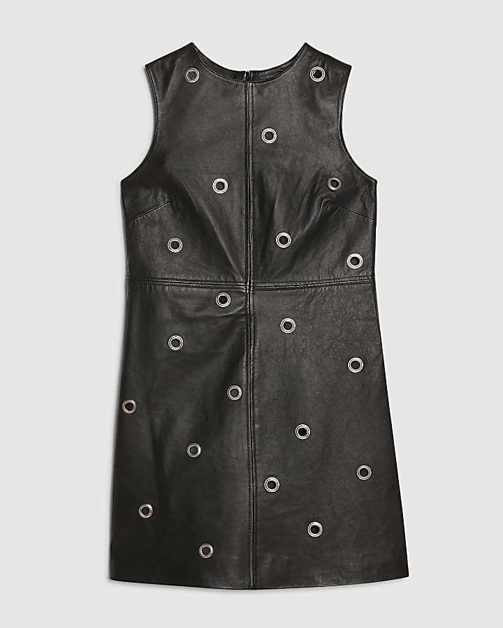 Black Eyelet Stud Leather Dress