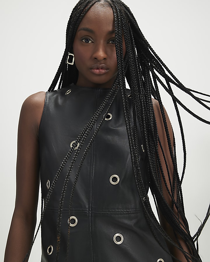 Black Eyelet Stud Leather Dress