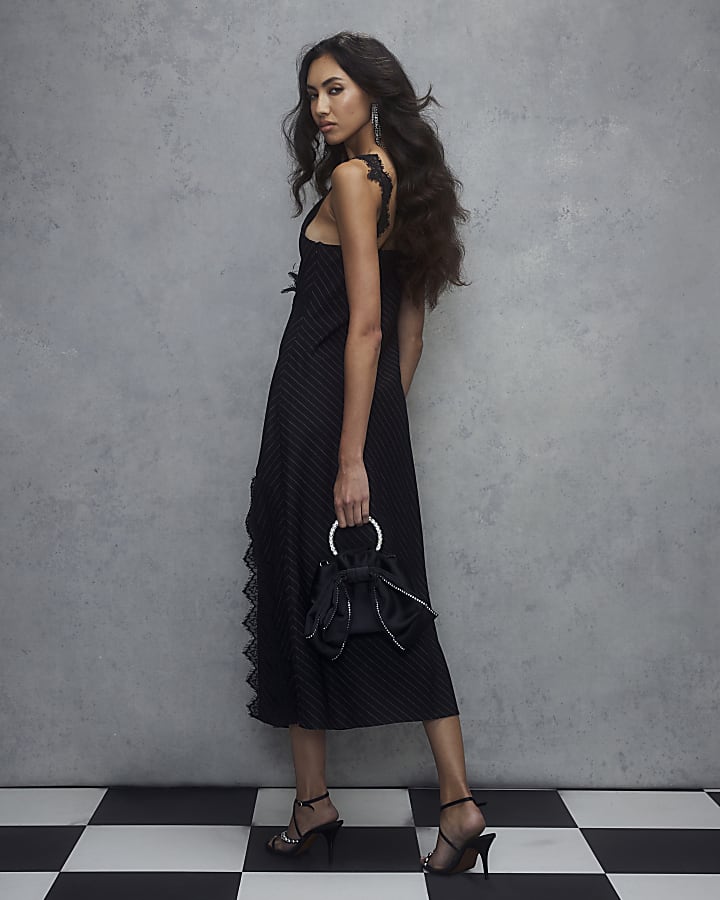 Black Sleeveless Lace Trim Pinstripe Dress