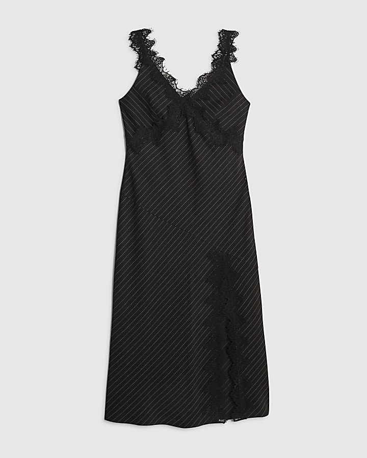 Black Sleeveless Lace Trim Pinstripe Dress