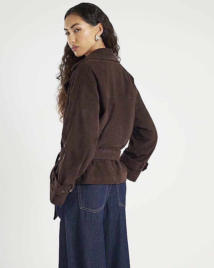 Brown Cropped Suede Belted Trench Jacket