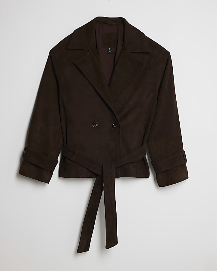 Brown Cropped Suede Belted Trench Jacket