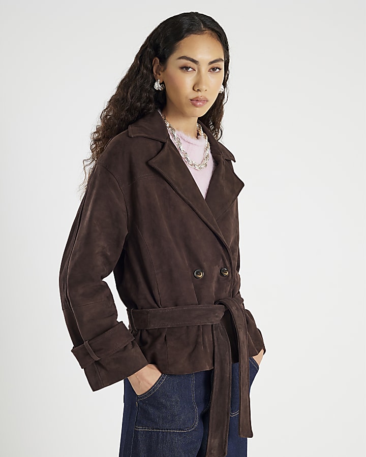 Brown Cropped Suede Belted Trench Jacket