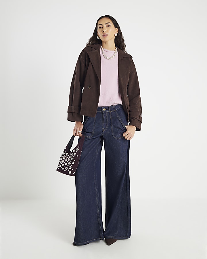 Brown Cropped Suede Belted Trench Jacket