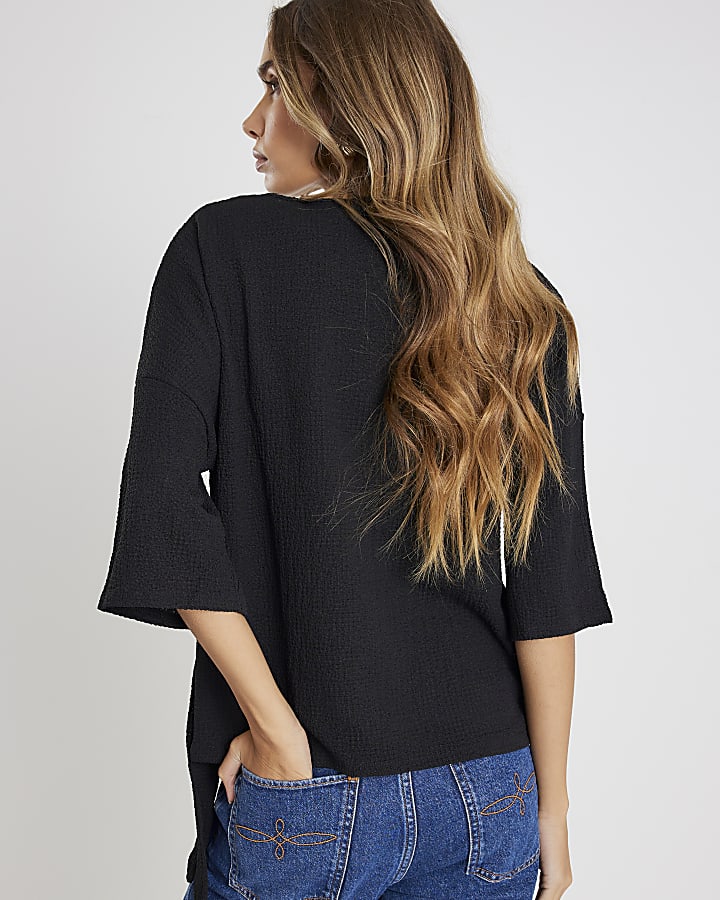 Black Short Sleeve Texture Tie T-shirt