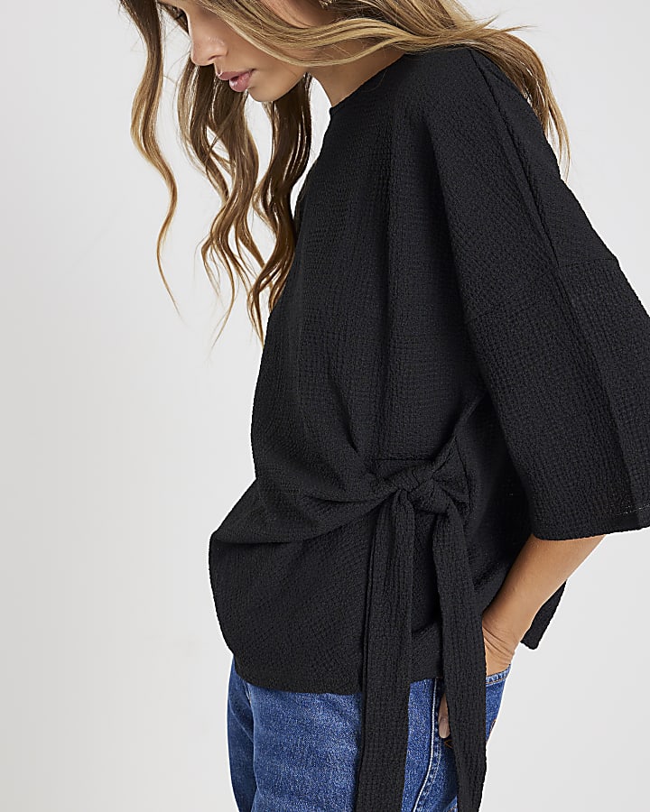 Black Short Sleeve Texture Tie T-shirt